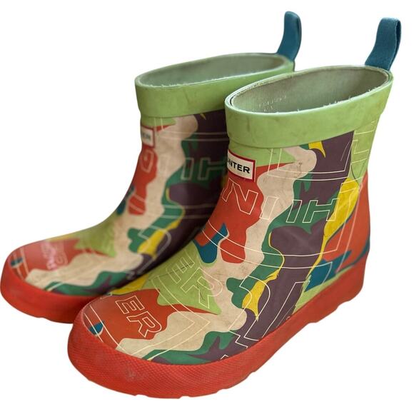 Hunter Boy's Green & Orange Camo Rain Boots UK 2/US3 - Picture 1 of 8